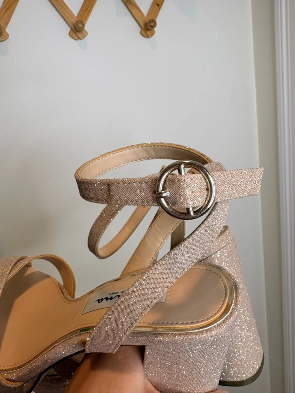 NINA Shelia Nude Glitter Net Block-Heel Platform Sandals With Ankle Strap